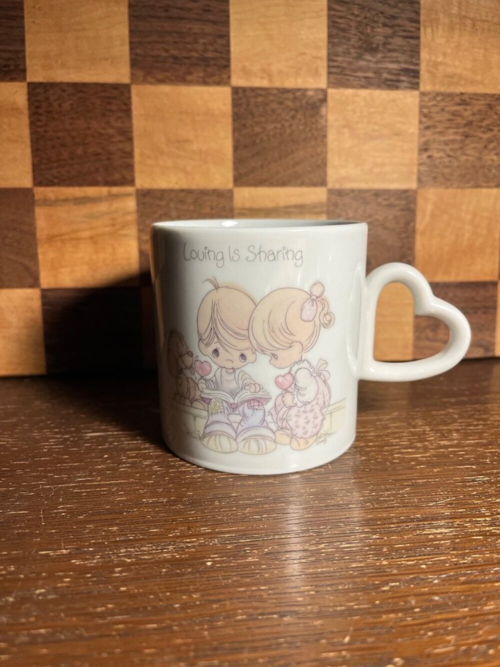 Precious Moments Coffee Cup with Heart Boy Girl and Puppy Shaped Handle A331